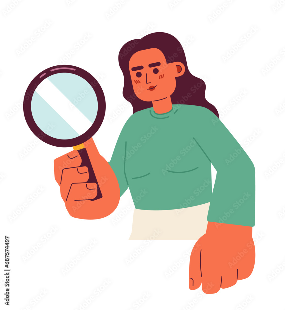 Canvas Prints female detective magnifying glass 2d cartoon character. researcher young woman south asian isolated 