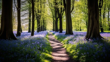 A springtime forest with a carpet of bluebells in full bloom