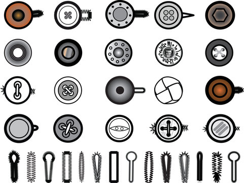 Sewing Buttons flat sketch vector illustration set, different types of Shirt Buttons, Shank button, Flat buttons and Decorative buttons for fasteners, dresses garments, Jeans, Clothing and Accessories