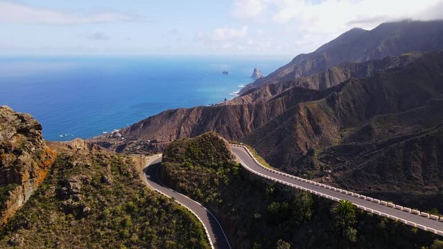 Aerial shot of a serpentine road in the Canaries' highlands.