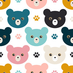 Whimsical bright bear heads of different colors create a cute seamless pattern for modern fabrics, holiday wrapping paper. Vector.