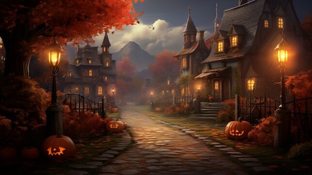 A charming autumn village with quaint cottages and pumpkins lining the streets
