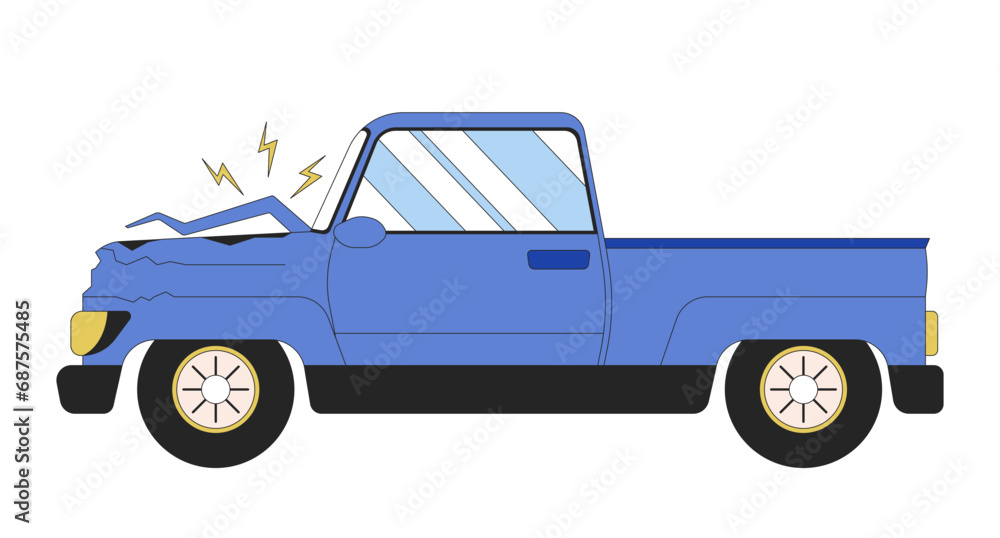 Poster accident automobile side view 2d linear cartoon object. broken vehicle isolated line vector element 