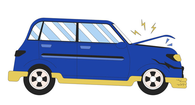 recommend clip art: Car accident 2D linear cartoon object. Damaged vehicle side view isolated line vector element white background. Distracted driving transport. Front end damage automobile color flat spot illustration