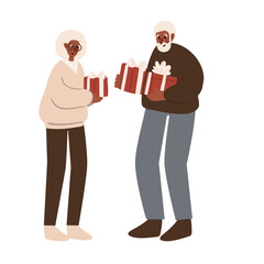 Set of Merry Christmas illustrations vector clipart, family decorating Christmas tree, diverse character giving present, children opening gifts, fireplace, home decore, Flat style images.