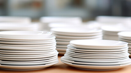 Stack of white ceramic plates arranged neatly
