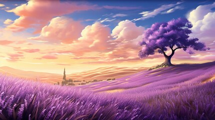 A springtime scene with a field of lavender swaying in the breeze