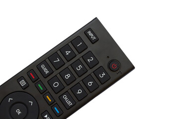 half of the TV remote control on a white background, part of the black remote control of the TV set-top box is isolated