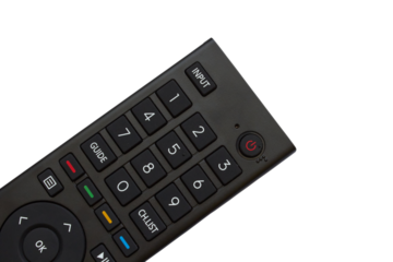 half of the TV remote control on a white background, part of the black remote control of the TV set-top box is isolated
