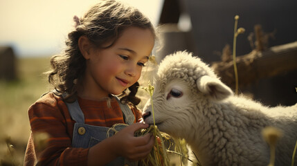 Young Girl Playing with Baby Sheep on the Farm: Innocence in Overalls Amidst Joyful Animal Bonding. Concept of Heartwarming Farm Adventures, Childhood Innocence, and Animal Companionship.