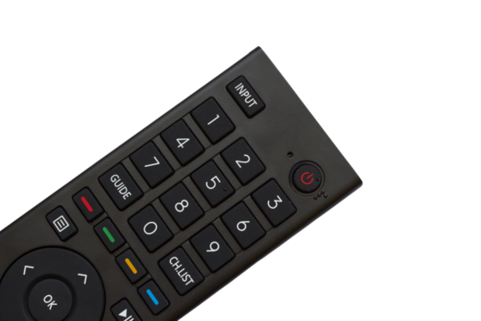 half of the TV remote control on a white background, part of the black remote control of the TV set-top box is isolated