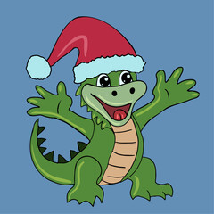 Vector Christmas toy character dragon dinosaur in hat smiling