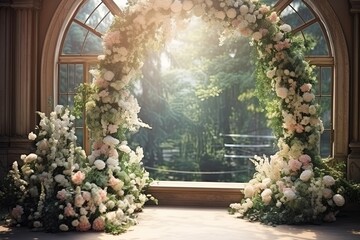 Fototapeta na wymiar Wedding altar decorated with flowers, place of wedding ceremony