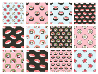 Collection of seamless pattern sushi Japanese food for card, wallpaper, background and textile.