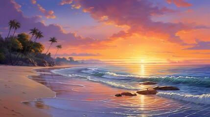 Fototapeta na wymiar A summer beach at twilight with the last rays of the sun painting the sky in vivid hues