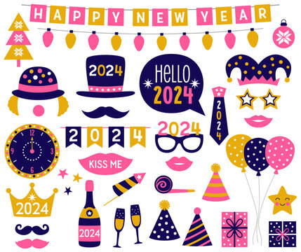 New Year 2024 vector fun party props