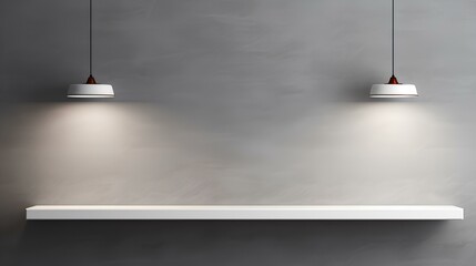 Empty white shelf hanging on the concrete wall with light ceiling lamp, vector design. generative AI