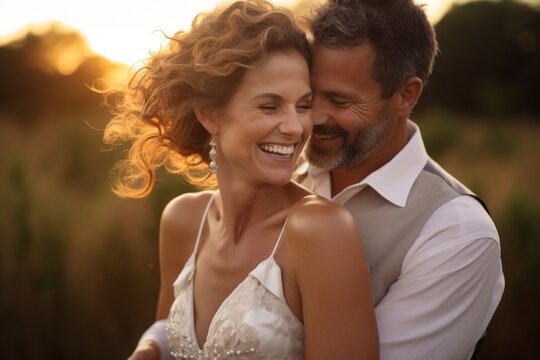 Happy Smiling Bride And Groom 40-50 Years Old, Wedding Couple