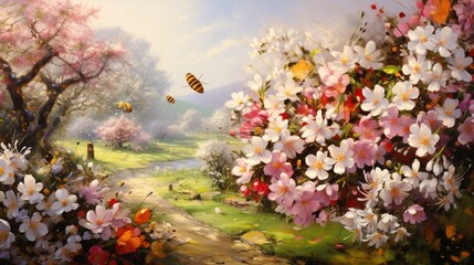 Fototapeta na wymiar A summer garden in full bloom with bees buzzing among the blossoms