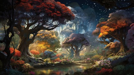 an arboretum featuring an array of unique, rare trees, each one showcasing a different dazzling hue. - obrazy, fototapety, plakaty