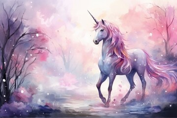 Obraz na płótnie Canvas Magical forest with flowers and Unicorn in pastel colors, watercolor illustration