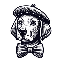 dog wearing a beret and bow tie vector sketch - obrazy, fototapety, plakaty