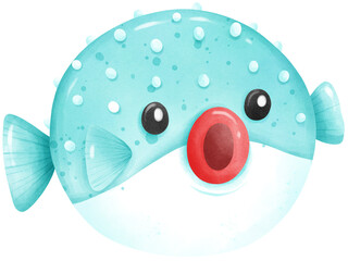 Cute puffer fish under the sea watercolor illustration © Ankochan Studio