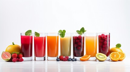 An array of juice glasses, each one containing a different fruit juice, their colors and freshness beautifully showcased against the bright white backdrop.