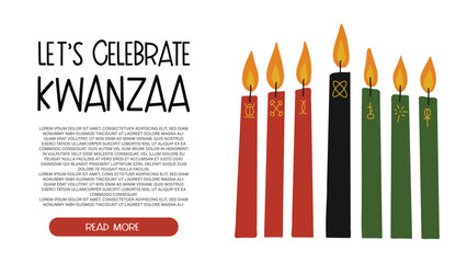 Vector banner for Kwanzaa with kinara candles - red, black, green with hand drawn symbols of seven principles of Kwanza and copy space for text. Cute simple hand drawn style