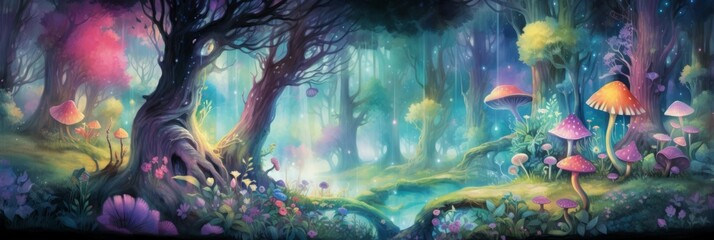 Mystical mysterious fairy tale forest, watercolor illustration, banner