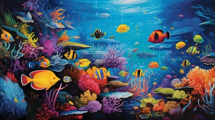 Obraz na płótnie Canvas An array of tropical fish, their scales a vivid spectrum of colors, swimming in a brilliantly colored coral reef.