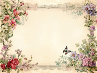 Watercolor floral frame of summer flowers and butterflies. Wedding invitation template. Ornamental vintage frame.