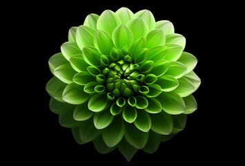 Macro and close up of Green Laim dahlia flower on black background.