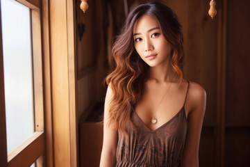 Asian woman model wearing a brown sundress in the garden