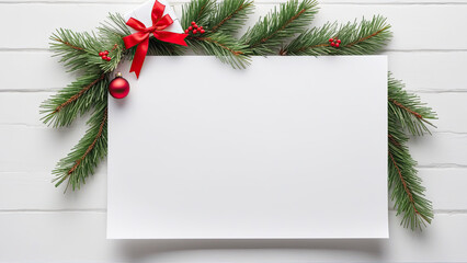 A Simple White Paper with a Vibrant Red Bow and Christmas Tree Branches