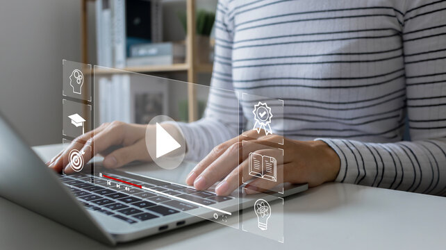 learning online concept.Woman hand using laptop computer study e-learning online education training for personal development and Professional.study online, Digital courses to develop new skills.