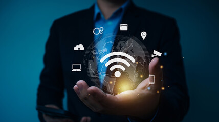 Wifi internet access concept. man using smartphone connect communication, social network, business contact, online shopping via internet wifi hotspot high speed. Fast internet wifi hotspot sharing.