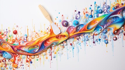 an artistic composition featuring a multi-colored toothbrush with creative patterns, evoking a sense of fun and hygiene on a bright white canvas.