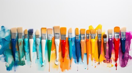 an artistic composition with a multi-colored toothbrush, each bristle a different hue, set against a clean white canvas.