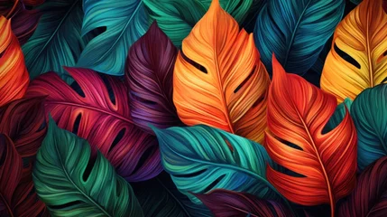 Zelfklevend Fotobehang Boho Modern colorful tropical leaves pattern.