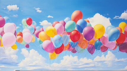 An assortment of vibrant, helium-filled balloons rising against a sunny, blue sky, creating a cheerful and buoyant atmosphere.