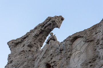 Mamaev Hill War Memorial in Volgograd city, Russia. Close-up view of decorated wall with...
