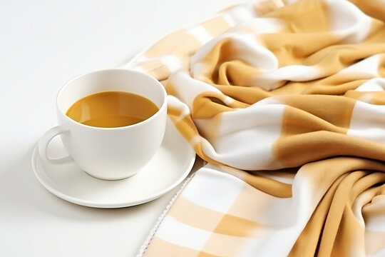 Cup of cappuccino and white beige plaid fabric on white background. High quality photo