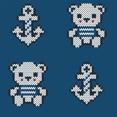 Cute white teddy bear and anchor jacquard knitted seamless pattern. Navy nautical cute baby background.  Trendy 8 bit game style. Vector illustration.