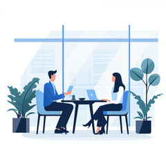 Two business people sitting across from each other at a table in an office conference room, discussing a document on a computer.｜Generative AI