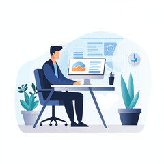 Businessperson sitting at an office desk operating a computer and analyzing website access data｜Generative AI