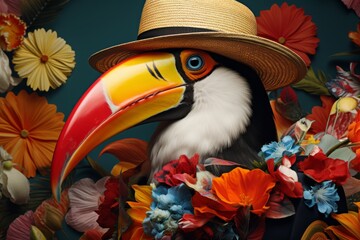 Fashionable bright toucan with glasses, high fashion, fashion magazine cover