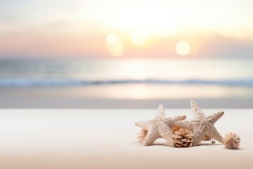Starfish and pine cone on a sandy beach with a stunning sunrise, symbolizing a serene and natural holiday setting.
