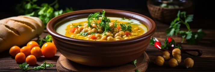 Delicious healthy bean soup, chickpea soup in a bowl with spices on a wooden background, rustic style, banner - obrazy, fototapety, plakaty