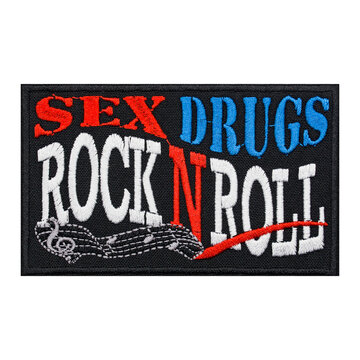 Embroidered patch Sex Drugs Rock N Roll, Music Notes. Punk Heavy Metal Hard Rock. Accessory for metalheads, punks, rockers, bikers, satanists, emo, street aggressive subcultures.